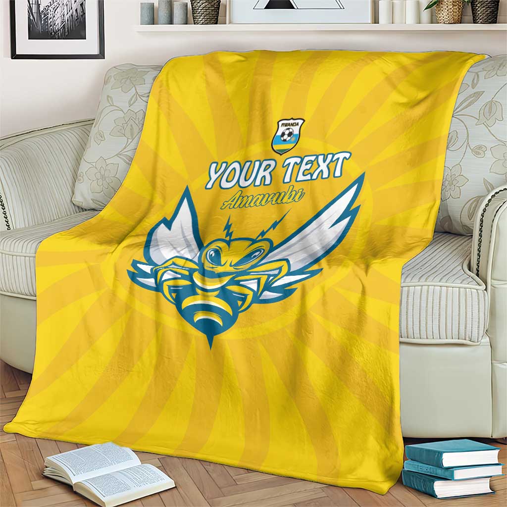 Yellow football blanket with large blue crest and 'YOUR TEXT' 'Amawubi' print