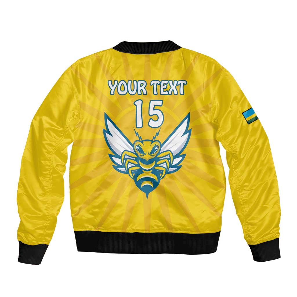 Yellow bomber jacket with black rib trim, back graphic with number 15, sleeve flag patch