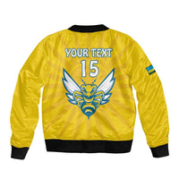 Yellow bomber jacket with black rib trim, back graphic with number 15, sleeve flag patch
