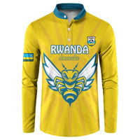 Yellow football button sweatshirt with blue collar, Rwanda logo and crest front graphic.