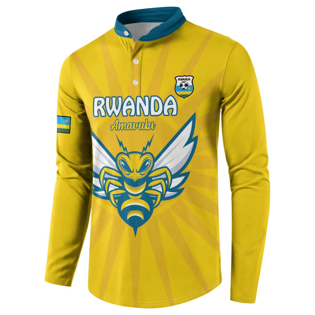 Yellow long-sleeve football button sweatshirt with blue collar, Rwanda crest and sleeve flag.