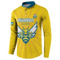 Yellow long-sleeve football button sweatshirt with blue collar, Rwanda crest and sleeve flag.