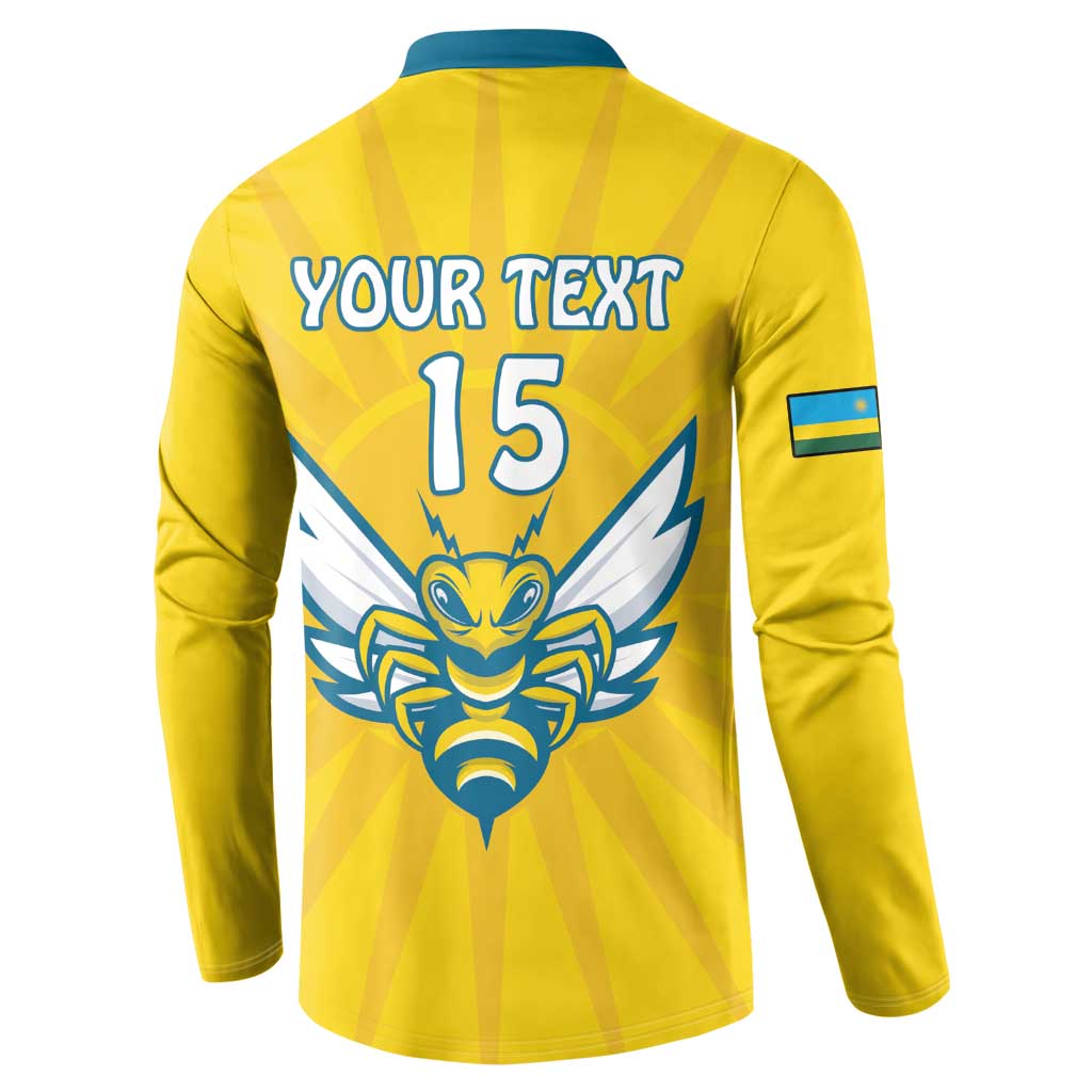 Back of yellow football button sweatshirt with blue collar, YOUR TEXT 15 and crest.