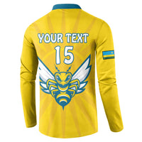Back of yellow football button sweatshirt with blue collar, YOUR TEXT 15 and crest.