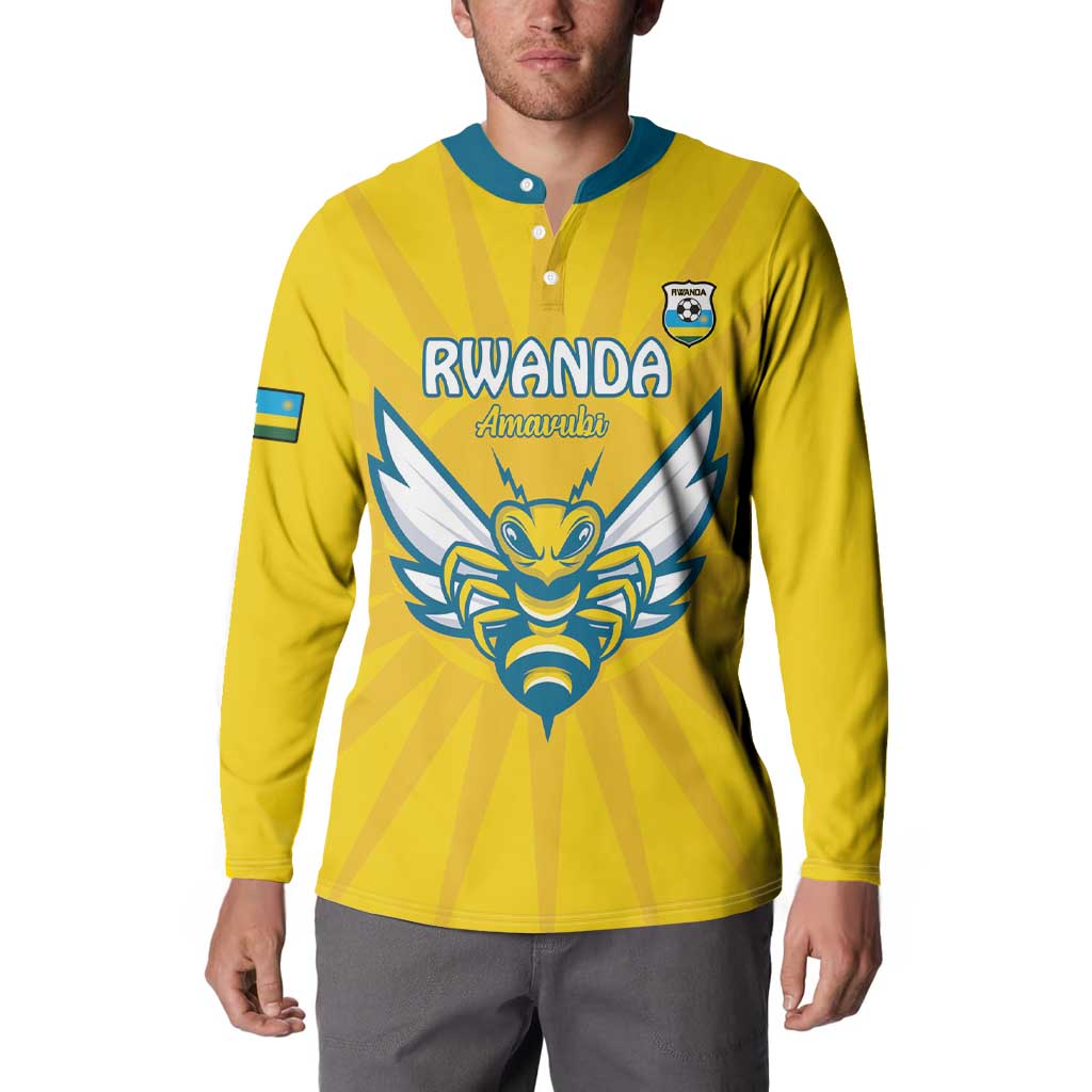 Yellow football button sweatshirt with blue collar, Rwanda crest, worn front view.