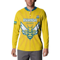 Yellow football button sweatshirt with blue collar, Rwanda crest, worn front view.