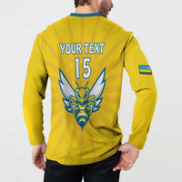 Back view of yellow football button sweatshirt with blue collar, YOUR TEXT 15 and crest.