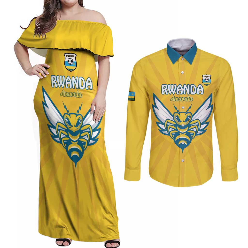 Custom Rwanda Football Couples Matching Off Shoulder Maxi Dress and Long Sleeve Button Shirt Go Amavubi