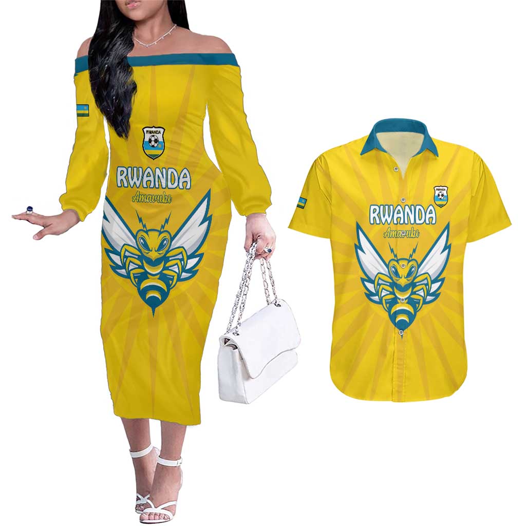 Custom Rwanda Football Couples Matching Off The Shoulder Long Sleeve Dress and Hawaiian Shirt Go Amavubi