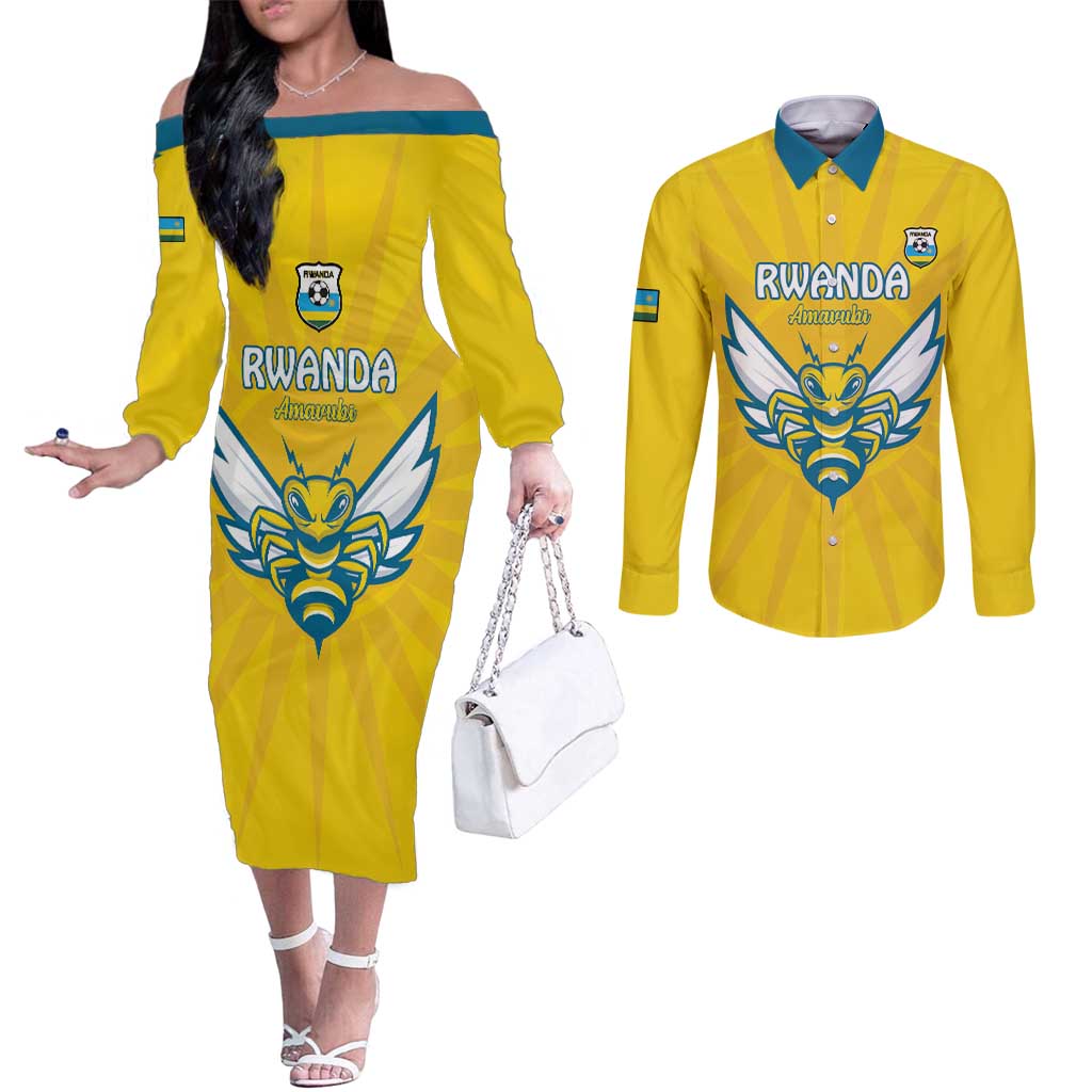 Custom Rwanda Football Couples Matching Off The Shoulder Long Sleeve Dress and Long Sleeve Button Shirt Go Amavubi