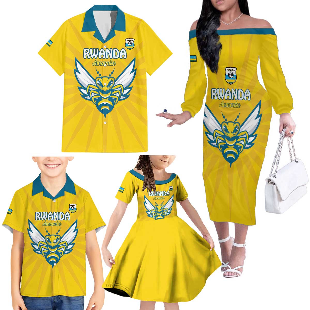 Custom Rwanda Football Family Matching Off The Shoulder Long Sleeve Dress and Hawaiian Shirt Go Amavubi