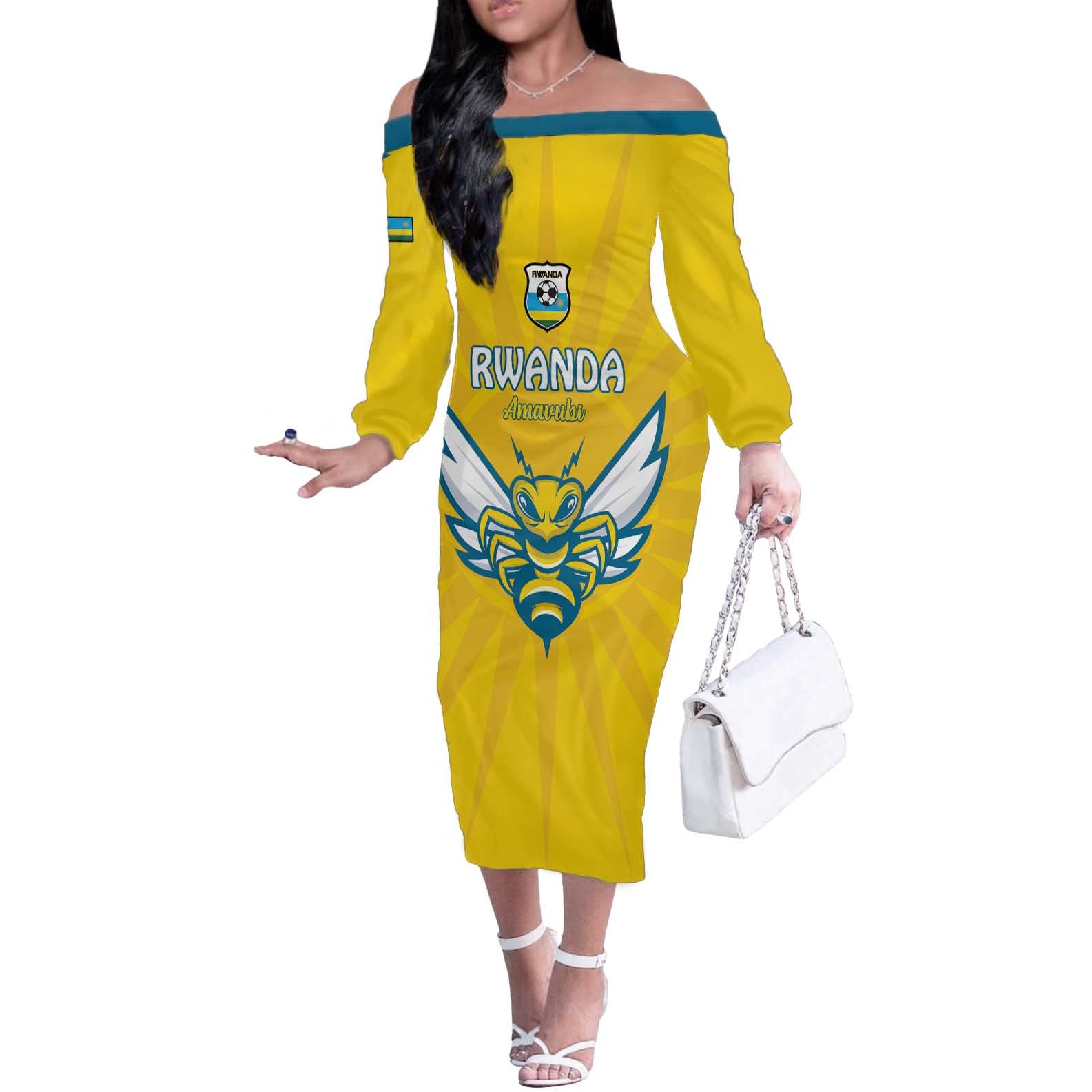 Custom Rwanda Football Off The Shoulder Long Sleeve Dress Go Amavubi - Wonder Print Shop