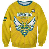 Yellow football sweatshirt with blue trim, Rwanda crest and graphic on front, sleeve flag patch
