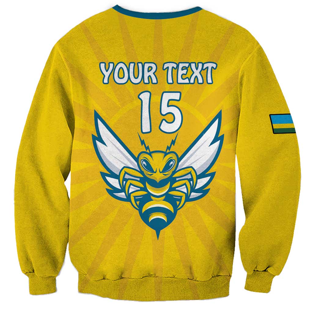 Yellow football sweatshirt with blue trim; back text 'YOUR TEXT' and 15, crest
