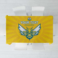 Yellow custom football tablecloth with blue crest and text design, folded center view