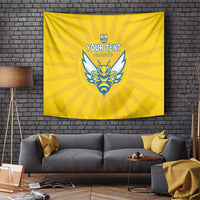 Yellow football tapestry hanging banner with blue crest and custom text 'YOUR TEXT Amavubi'