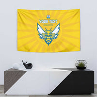 Yellow Rwanda football tapestry with blue crest logo and 'YOUR TEXT' with 'Amavubi'