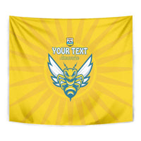 Close-up yellow football tapestry with blue crest and 'YOUR TEXT' and 'Amavubi' text