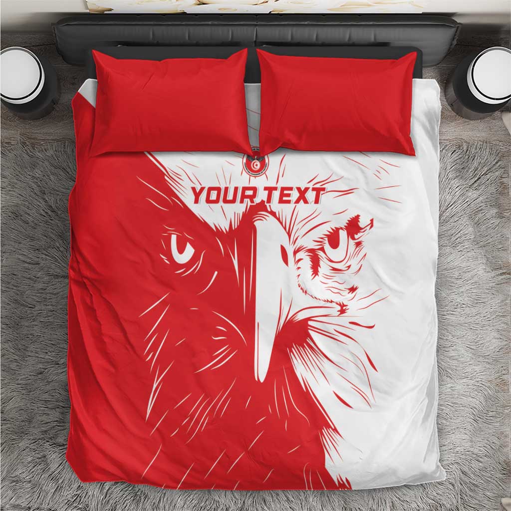 Red and white bedding set with lion graphic and two red pillowcases