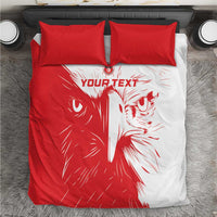 Red and white bedding set with lion graphic and two red pillowcases