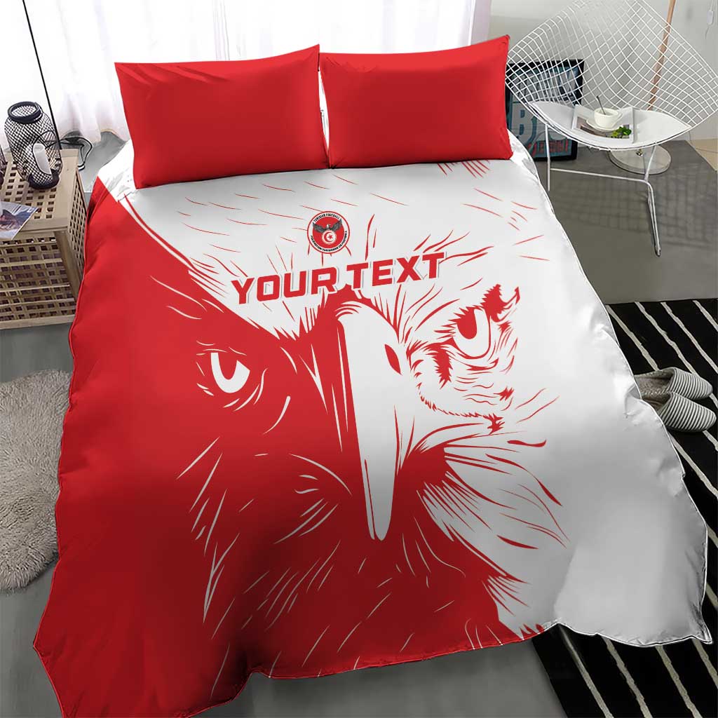 Red-and-white duvet with bold lion split-face design and two red pillows