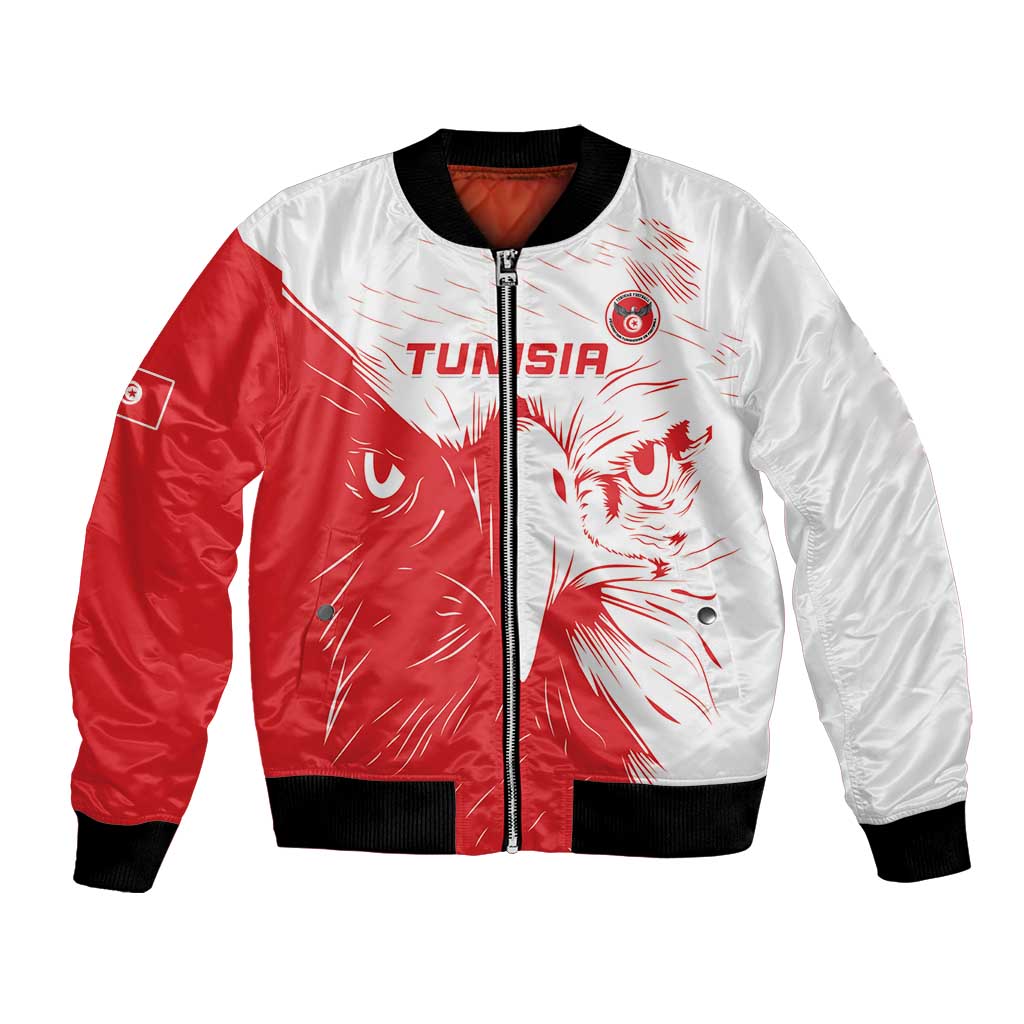 Unisex red and white bomber jacket with front zipper and Tunisia lion graphic