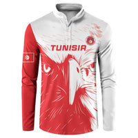 Red and white football button sweatshirt with Tunisia logo and eagle graphic