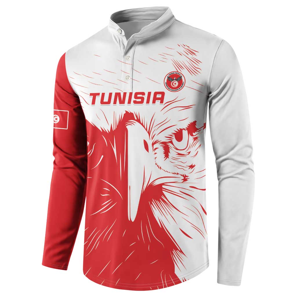 Red and white football button sweatshirt with Tunisia graphic and crest badge