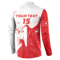 Red and white football button sweatshirt, back text YOUR TEXT and number 15