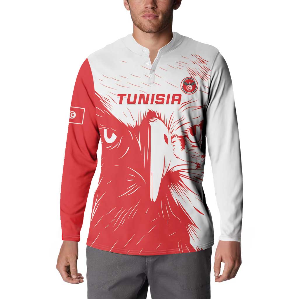 Red and white football button sweatshirt with Tunisia eagle graphic and crest badge