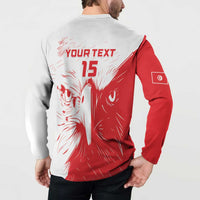 Red and white football button sweatshirt back with YOUR TEXT and 15