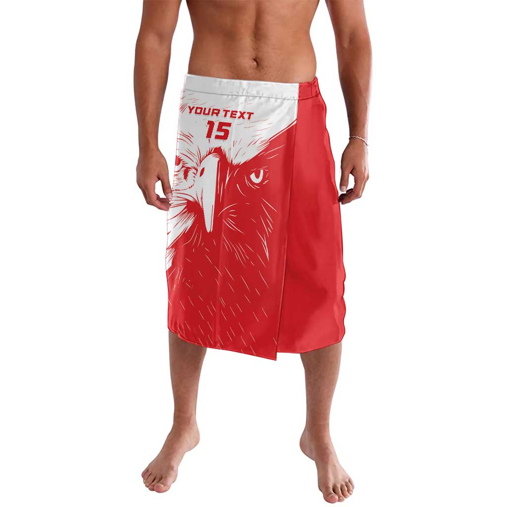 Red lavalava football skirt with white waistband, eagle graphic and number 15.