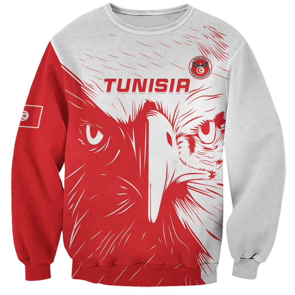 Unisex football sweatshirt, gray body with red sleeves, Tunisia eagle graphic on front