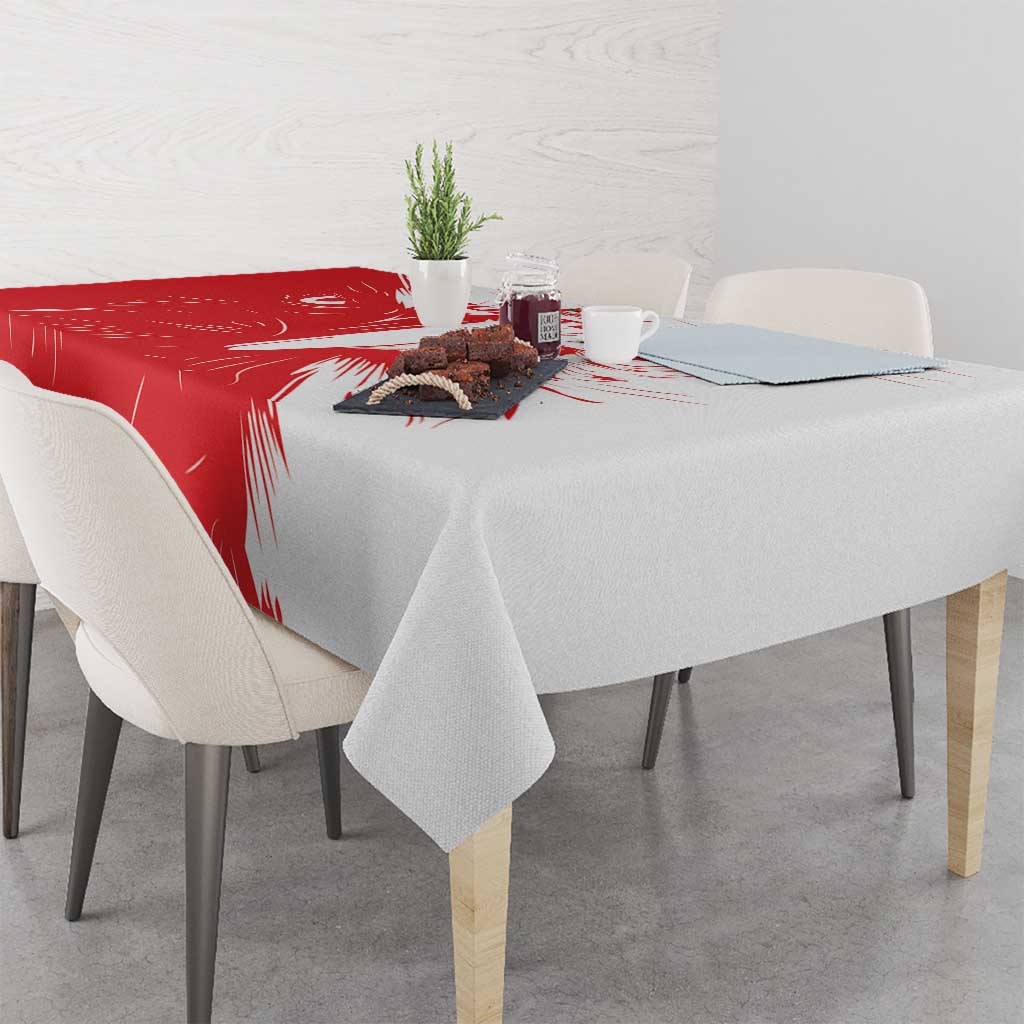Red and white custom football tablecloth with eagle motif on tabletop