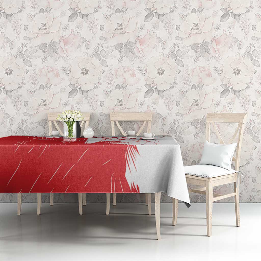 Red and white custom football tablecloth with eagle design on long table