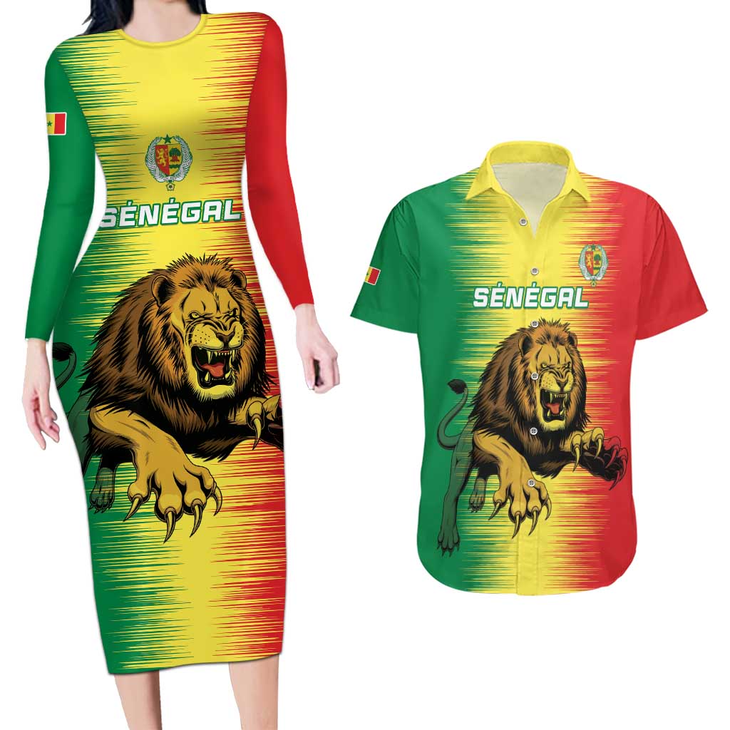 Custom Senegal Football Couples Matching Long Sleeve Bodycon Dress and Hawaiian Shirt Go Lions of Teranga