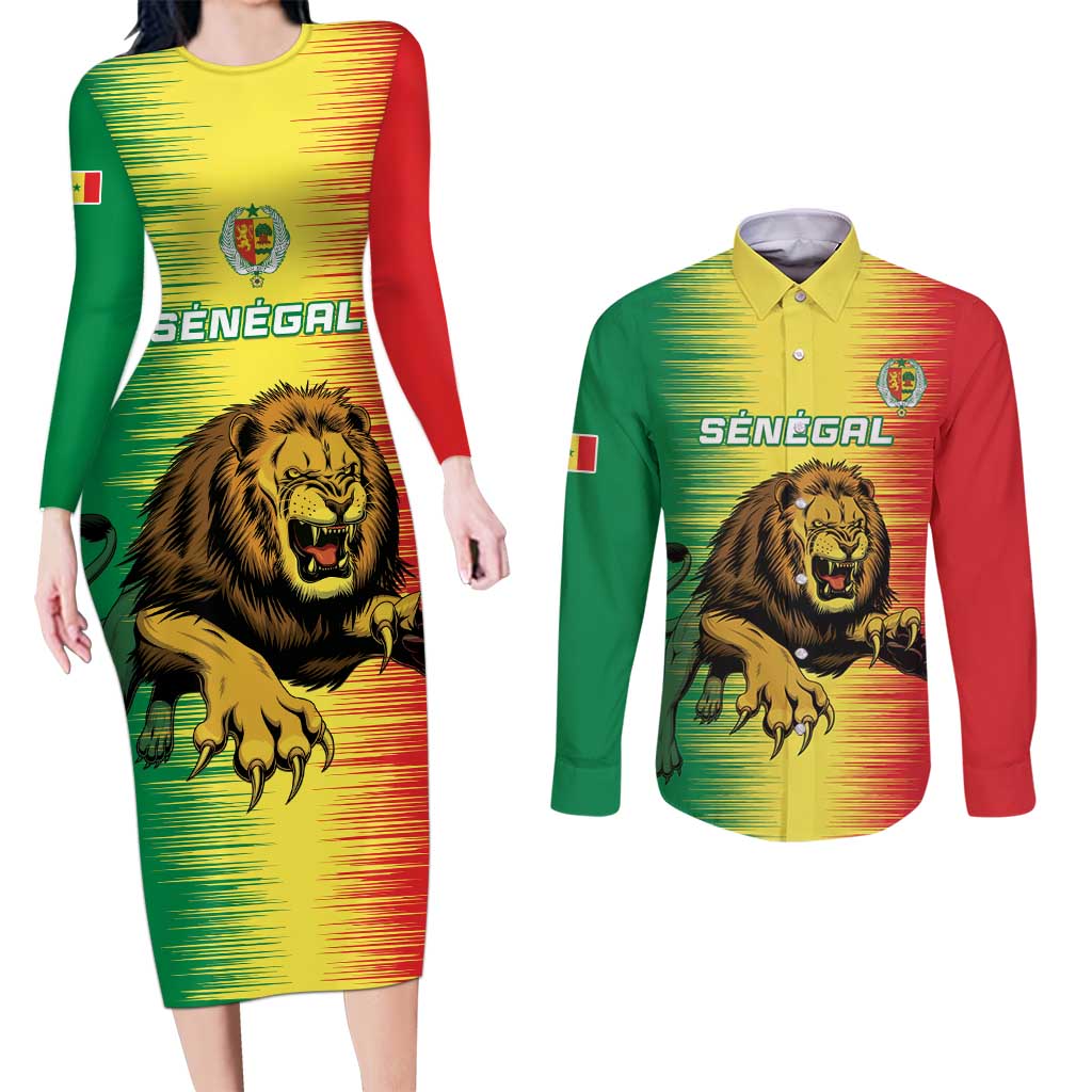 Custom Senegal Football Couples Matching Long Sleeve Bodycon Dress and Long Sleeve Button Shirt Go Lions of Teranga