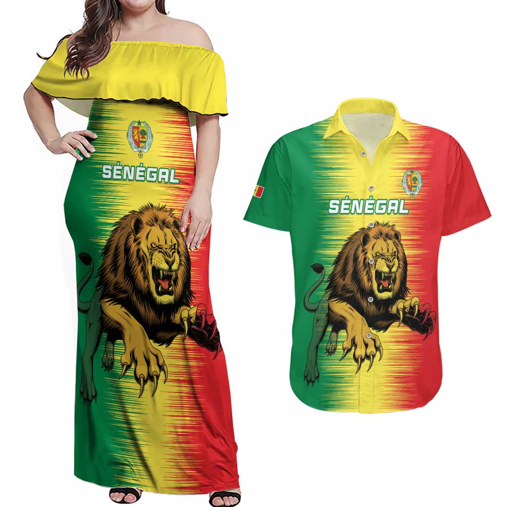 Custom Senegal Football Couples Matching Off Shoulder Maxi Dress and Hawaiian Shirt Go Lions of Teranga