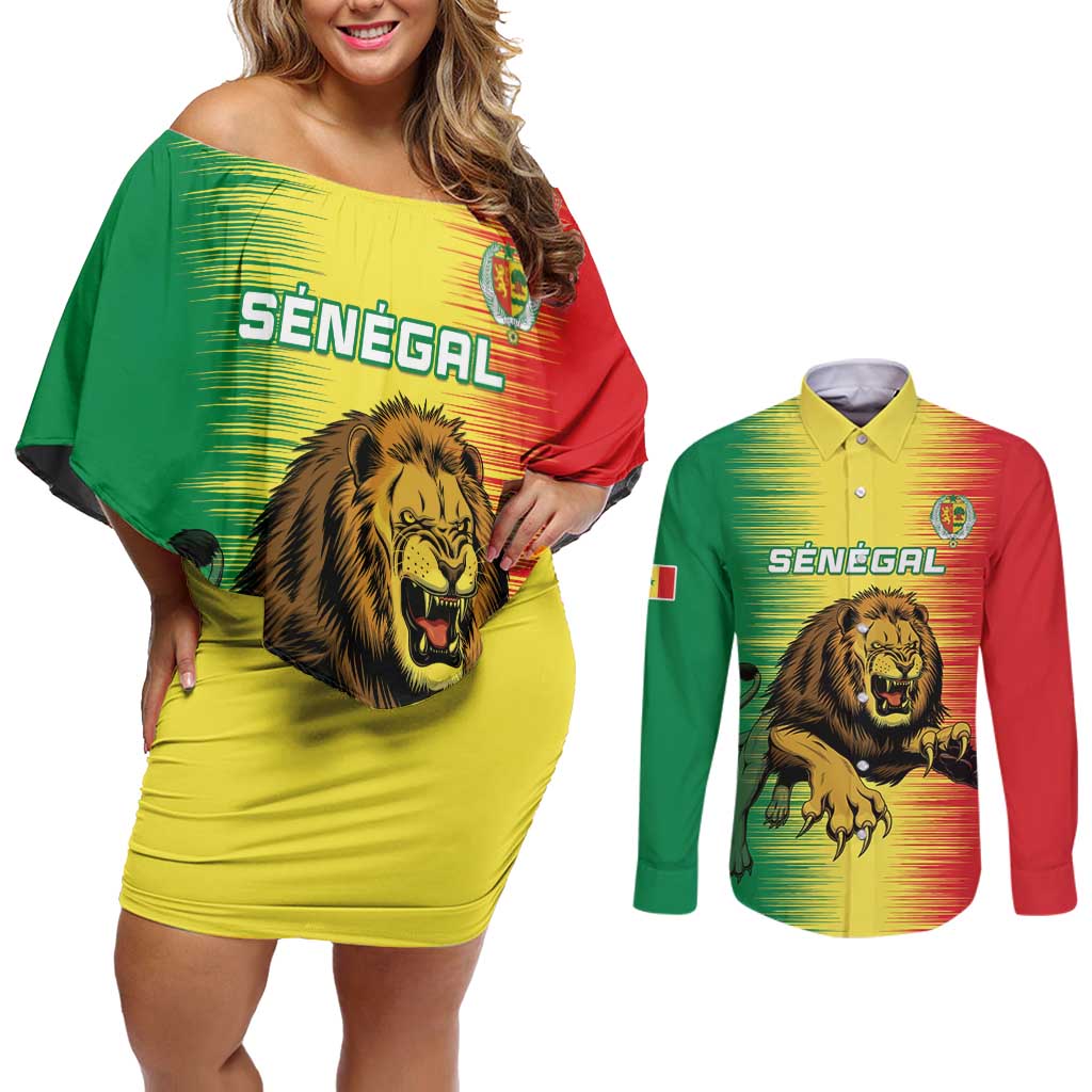 Custom Senegal Football Couples Matching Off Shoulder Short Dress and Long Sleeve Button Shirt Go Lions of Teranga