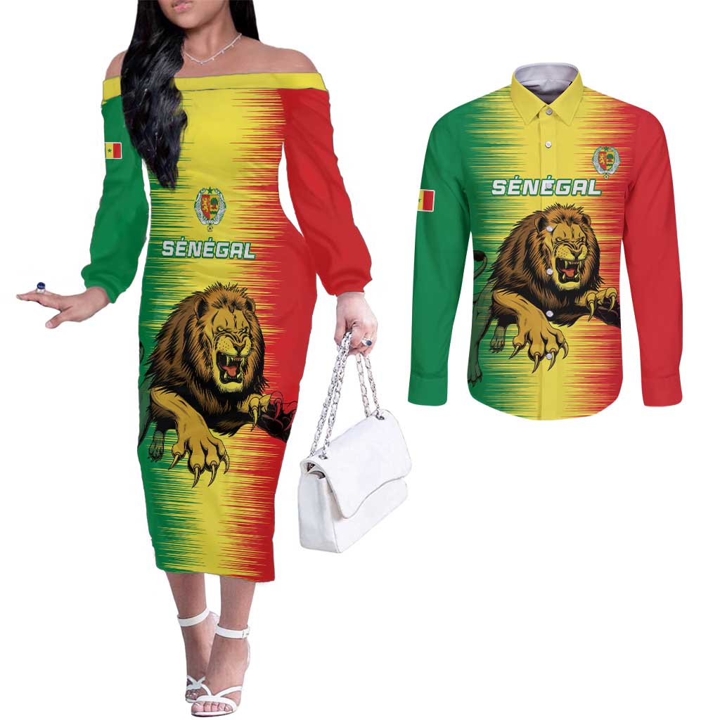 Custom Senegal Football Couples Matching Off The Shoulder Long Sleeve Dress and Long Sleeve Button Shirt Go Lions of Teranga