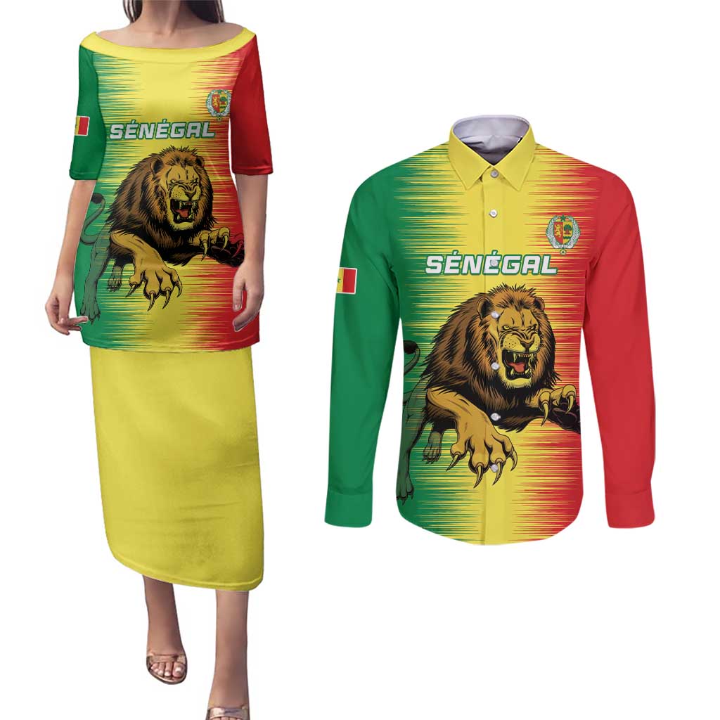 Custom Senegal Football Couples Matching Puletasi and Long Sleeve Button Shirt Go Lions of Teranga