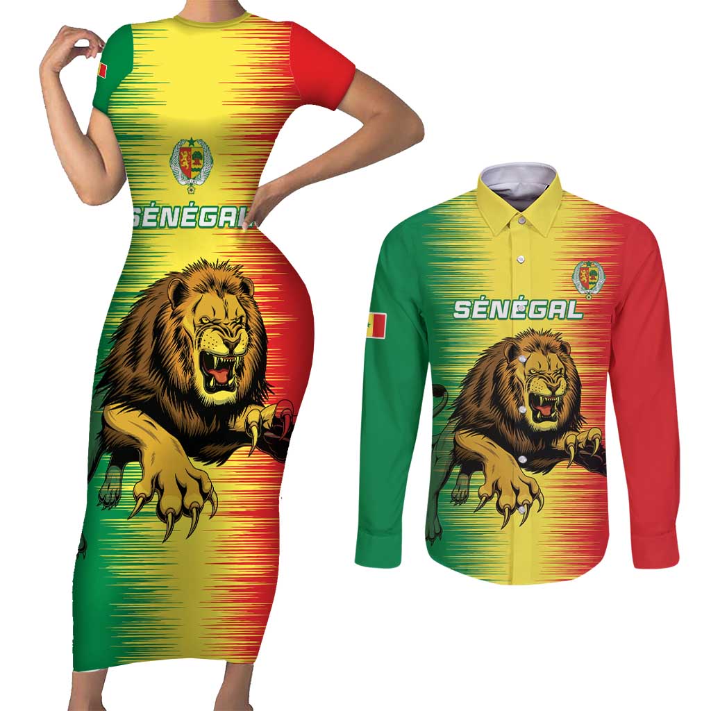 Custom Senegal Football Couples Matching Short Sleeve Bodycon Dress and Long Sleeve Button Shirt Go Lions of Teranga