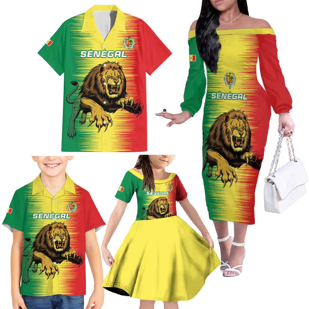 Custom Senegal Football Family Matching Off The Shoulder Long Sleeve Dress and Hawaiian Shirt Go Lions of Teranga