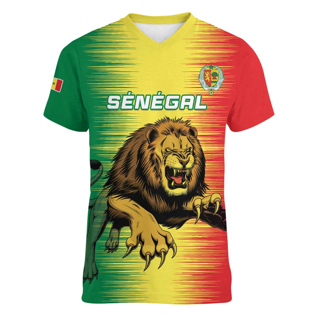 Custom Senegal Football Women V-Neck T-Shirt Go Lions of Teranga - Wonder Print Shop