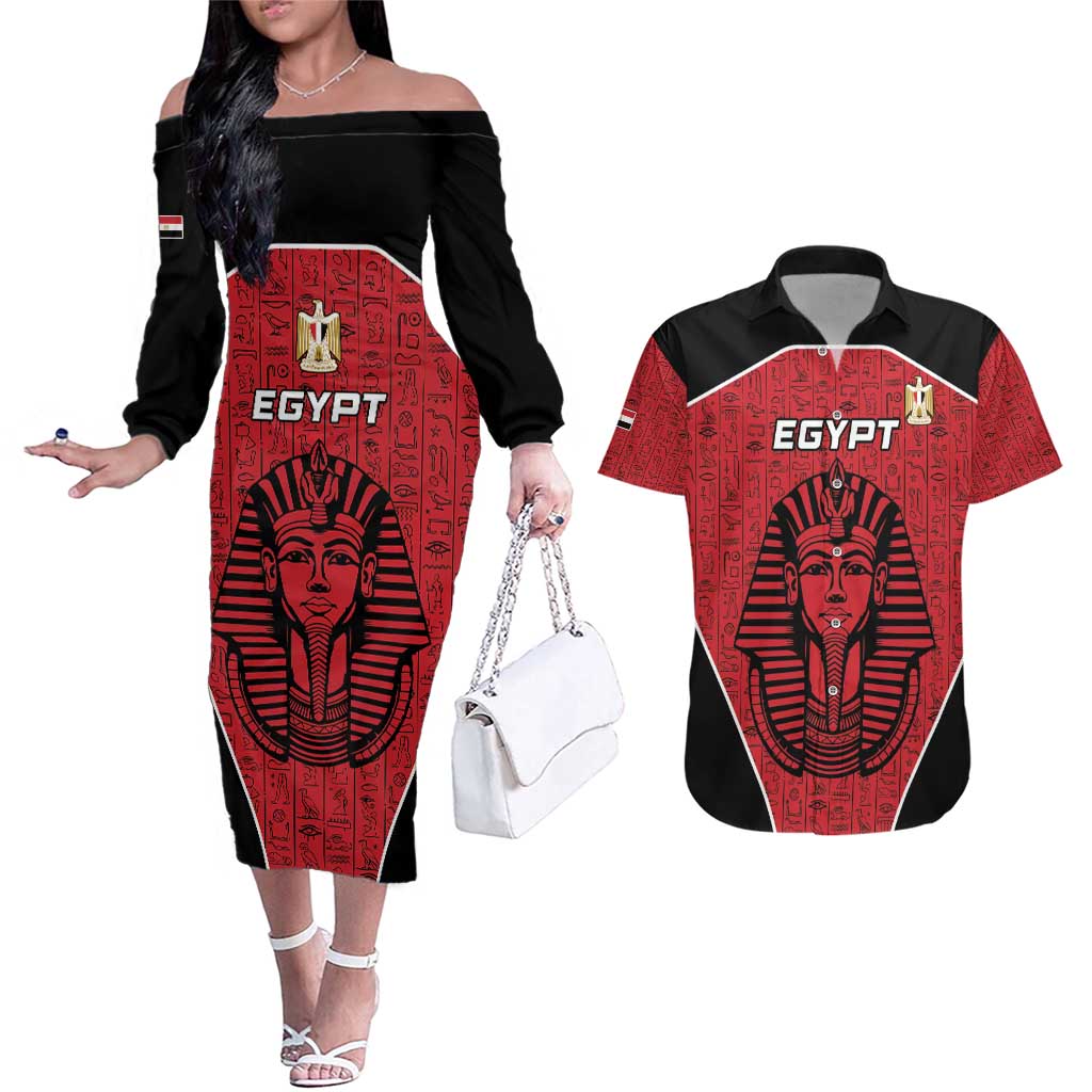 Custom Egypt Football Couples Matching Off The Shoulder Long Sleeve Dress and Hawaiian Shirt Go Pharaohs