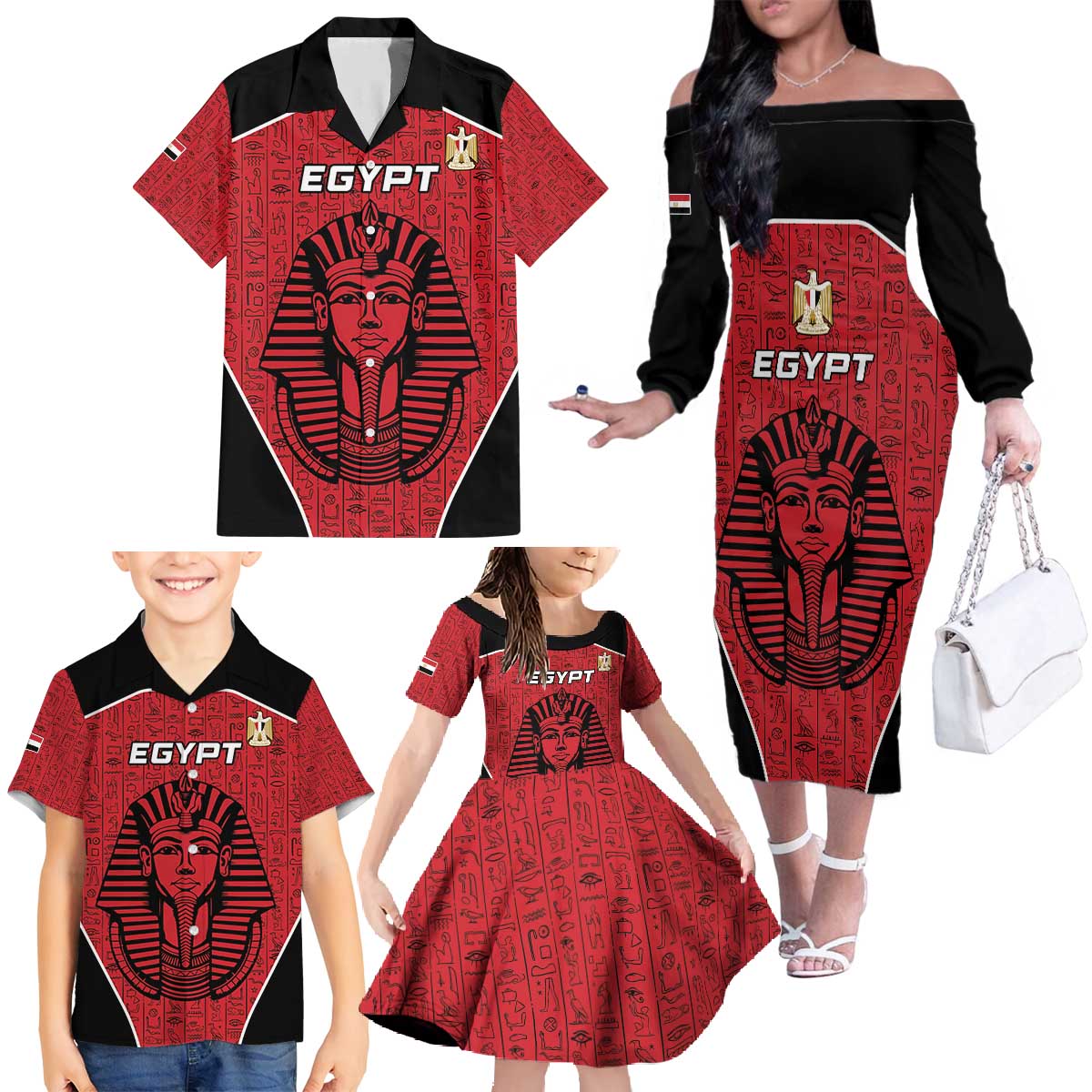 Custom Egypt Football Family Matching Off The Shoulder Long Sleeve Dress and Hawaiian Shirt Go Pharaohs