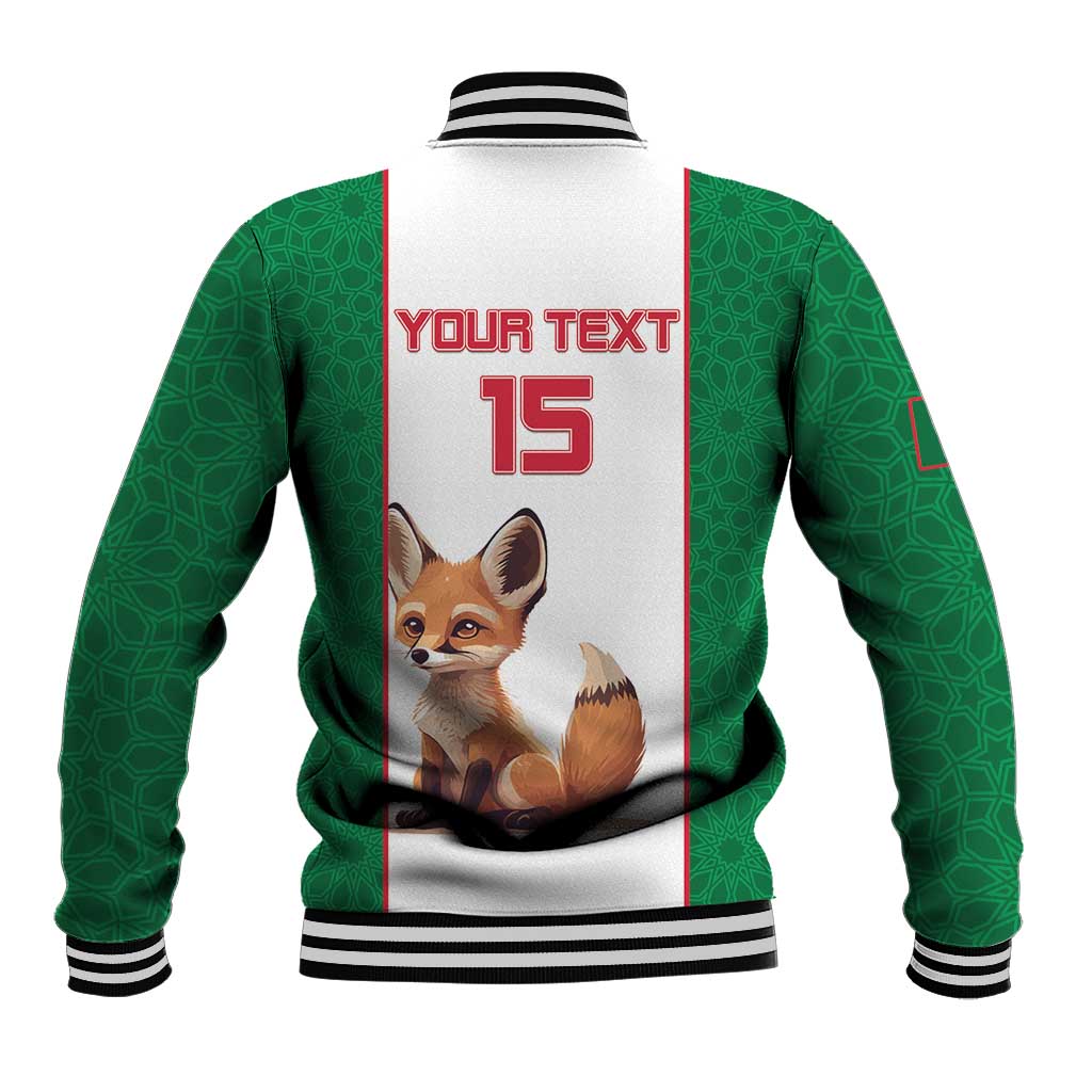 Baseball jacket back with YOUR TEXT and 15 number, green sleeves, fox graphic panel