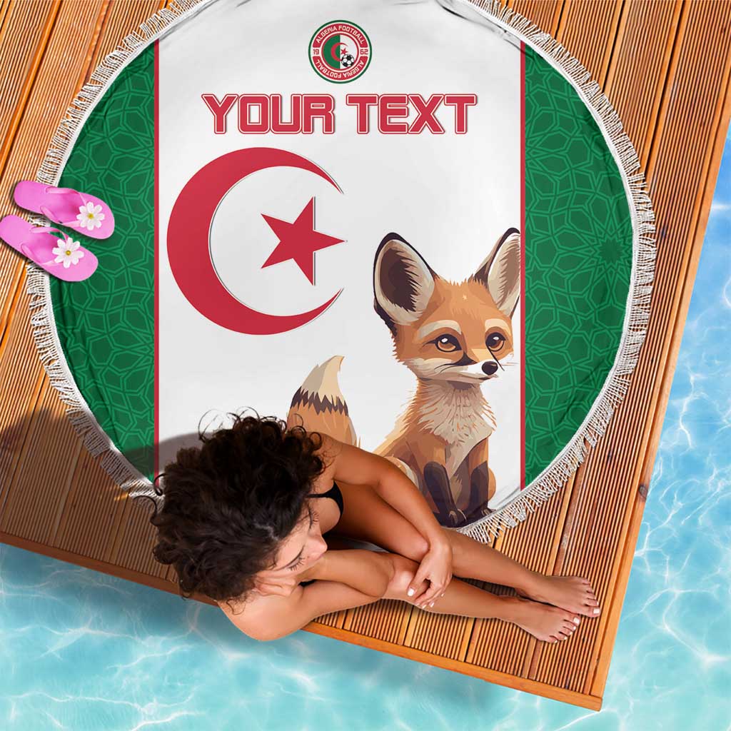 Round Algeria beach blanket with green-and-white flag, fox illustration, white fringe