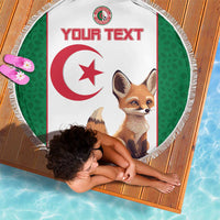 Round Algeria beach blanket with green-and-white flag, fox illustration, white fringe