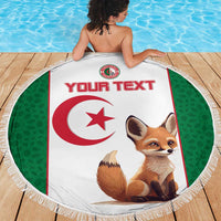 Round Algeria beach blanket with central Algeria flag, fox illustration, white tassel fringe